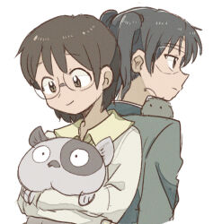 2girls amasawa_yuuko black_hair brown_hair closed_mouth dennou_coil densuke_(dennou_coil) dog glasses jacket long_hair multiple_girls okonogi_yuuko short_hair simple_background smile tsubobot twintails white_background
