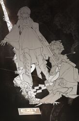 2girls ascot boots bow closed_mouth commentary_request detached_sleeves door dress exit_sign full_body gohei greyscale hair_bow hair_tubes hakurei_reimu hat hat_ribbon high_heel_boots high_heels highres holding holding_gohei huang_gua long_hair looking_at_viewer mob_cap monochrome multiple_girls ribbon shide shirt skirt smoke smoking_pipe squatting touhou traditional_youkai wide_sleeves yakumo_yukari
