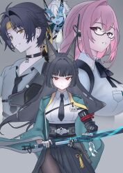 1boy 3girls animal_ear_fluff animal_ears asaba_harumasa black_hair black_skirt blue_skin blunt_bangs clipse colored_skin dress_shirt fox_ears fox_girl gauntlets glasses green_jacket hair_between_eyes high-waist_skirt highres horns hoshimi_miyabi jacket katana long_hair multiple_girls one_eye_closed oni open_mouth pantyhose parted_bangs parted_lips red_eyes serious shirt short_hair sidelocks simple_background skirt smile soukaku_(zenless_zone_zero) sword tsukishiro_yanagi weapon white_hair white_shirt yellow_eyes zenless_zone_zero