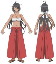 1girl ahoge back black_hair breasts chest_sarashi cleavage dark-skinned_female dark_skin dungeon_ni_deai_wo_motomeru_no_wa_machigatteiru_darou_ka eyepatch hakama japanese_clothes large_breasts non-web_source red_eyes sandals sarashi standing tsubaki_collbrande zouri