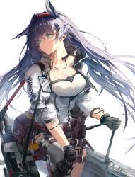 1girl absurdres animal_ears arknights black_gloves black_shorts blaze_(arknights) blue_eyes blue_hair breasts cat_ears cat_girl cat_tail chainsaw gloves hairband highres id_card infection_monitor_(arknights) jacket long_hair red_hairband shorts solo tail tank_top white_background white_jacket white_tank_top yonjuri