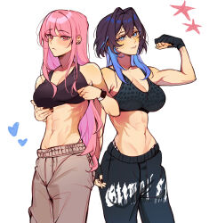 2girls absurdres amlichan black_gloves black_nails black_pants black_sports_bra blue_eyes blue_hair blush breasts bright_pupils cleavage closed_mouth commentary cowboy_shot ear_piercing earrings fingerless_gloves gloves grey_pants grin hair_between_eyes hair_intakes heart highres hololive hololive_english jewelry large_breasts long_hair looking_at_viewer mori_calliope multiple_girls nail_polish navel ouro_kronii pants piercing pink_eyes pink_hair smartwatch smile sports_bra standing star_(symbol) stud_earrings sweatpants toned toned_female very_long_hair virtual_youtuber watch white_background white_pupils wristwatch