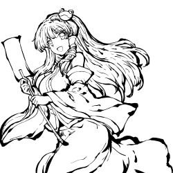 1girl absurdres bare_shoulders breasts detached_sleeves frog_hair_ornament gohei hair_ornament hair_tubes highres holding holding_gohei kochiya_sanae large_breasts long_hair looking_at_viewer monochrome open_mouth pioartstuff simple_background skirt snake snake_hair_ornament solo tokiame_(style) touhou white_background wide_sleeves