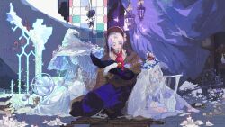 3girls black_dress bloodborne blue_flower blue_rose blue_skin brown_hat closed_eyes colored_skin commentary cracked_skin creature curtains doll_joints dress elden_ring elden_ring_nightreign english_commentary flower hat head_wreath highres hunter_(great_one)_(bloodborne) indoors joints large_hat ledlentsea multiple_girls own_hands_together plain_doll ranni_the_witch revenant_(elden_ring) rose veil white_dress white_hair witch witch_hat