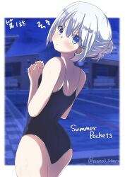 Rule 34 | &gt;:(, 1girl, alternate costume, alternate hairstyle, ass, back, bare shoulders, black one-piece swimsuit, blue eyes, blurry, blurry background, blush, border, clenched hands, closed mouth, commentary request, copyright name, cowboy shot, dutch angle, episode number, eyes visible through hair, from behind, frown, hair behind ear, hair between eyes, hair bun, hair ornament, hairclip, hands up, head tilt, highres, looking at viewer, looking back, naruse shiroha, one-piece swimsuit, outside border, parallel hairclips, ringed eyes, school swimsuit, screenshot background, short hair, sidelocks, single hair bun, solo, summer pockets, swimsuit, translated, twitter username, v-shaped eyebrows, white border, white hair, yaki-ayato