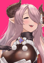1girl black_gloves blue_eyes braid breasts christmas commentary_request draph dress fur-trimmed_dress fur_trim gloves granblue_fantasy hair_over_one_eye hand_on_breast highres horns large_breasts light_purple_hair long_hair looking_at_viewer low_tied_hair narmaya_(granblue_fantasy) narmaya_(holiday)_(granblue_fantasy) pink_background pointy_ears purple_hair red_dress single_braid snowman_hair_ornament solo teriton