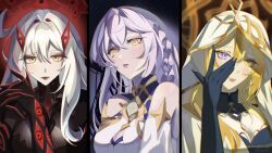 Rule 34 | 3girls, arinyawa, bare shoulders, black choker, black dress, blonde hair, blue eyes, braid, choker, closed mouth, commentary, dress, english commentary, eye hair ornament, eyeshadow, genshin impact, hair between eyes, hand on own face, heterochromia, highres, hood, istaroth (genshin impact), light smile, long hair, looking at viewer, makeup, multiple girls, orange eyeshadow, rhinedottir (genshin impact), ronova (genshin impact), veil, very long hair, white dress, white hair, white veil, yellow eyes