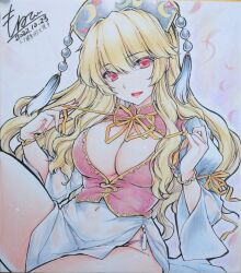 Rule 34 | 1girl, absurdres, alternate costume, blonde hair, bracelet, breasts, cleavage, cleavage cutout, clothing cutout, clothing request, commentary request, covered navel, dalachi (headdress), dated, highres, jewelry, junko (touhou), large breasts, long hair, long sleeves, looking at viewer, monety, neck ribbon, open mouth, orange ribbon, red eyes, red nails, ribbon, shikishi, signature, smile, solo, touhou, traditional media, very long hair