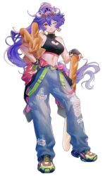 1girl absurdres andras_the_slayer baguette bare_shoulders blue_dress box_galaxy bread breasts crop_top demon_girl denim dragon_girl dress eyewear_on_head food full_body glass glasses guardian_tales heterochromia highres horns jeans long_hair pants ponytail tagme torn_clothes torn_jeans torn_pants wavy_hair