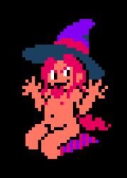 1girl black_background black_eyes dragon_quest dragon_quest_i flat_chest ghost_(dragon_quest) ghost_tail hat humanization loli long_hair looking_at_viewer navel nipples nude personification pixel_art purple_hat red_hair red_socks saiwai_hiroshi sitting smile socks square_enix striped_clothes striped_socks tail tongue tongue_out witch witch_hat