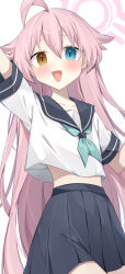1girl :d absurdres ahoge blue_archive blue_eyes blue_sailor_collar blue_skirt blush brown_eyes commentary_request fang green_neckerchief halo hanasaki_rin heterochromia highres hoshino_(blue_archive) long_hair neckerchief open_mouth pink_hair pink_halo pleated_skirt sailor_collar school_uniform serafuku shirt simple_background skirt smile solo tongue very_long_hair white_background white_shirt
