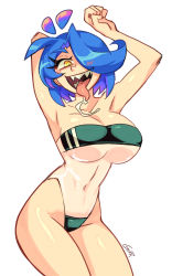 1girl absurdres armpits arms_up blue_hair breasts cowboy_shot gerph gris_swimsuit hair_over_one_eye highres large_breasts long_tongue meme_attire navel one-piece_swimsuit original saliva see-through_clothes see-through_one-piece_swimsuit sharp_teeth signature skarpne swept_bangs swimsuit teeth tongue tongue_out underboob