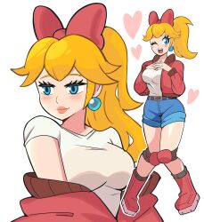 absurdres bbycheese blonde_hair blue_eyes blue_shorts blush_stickers boots denim denim_shorts earrings hair_ribbon heart highres jacket jewelry knee_pads long_hair looking_at_another mario_(series) mario_kart mario_kart_world multiple_views nintendo official_alternate_costume official_alternate_hairstyle open_clothes open_jacket open_mouth pink_boots pink_jacket pink_ribbon ponytail princess_peach princess_peach_(touring) ribbon shirt short_shorts short_sleeves shorts simple_background sphere_earrings teeth upper_teeth_only white_background white_shirt