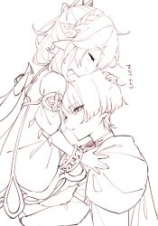 1boy 1girl armlet bracelet cape carrying carrying_person chin_rest closed_eyes closed_mouth detached_sleeves dress eyelashes facing_another genshin_impact greyscale hair_ornament half_crown_braid hand_on_another&#039;s_shoulder head_on_chest head_on_head head_rest headpat highres jewelry leaf leaf_hair_ornament light_blush looking_at_another mochizuki_mochi monochrome nahida_(genshin_impact) open_hand open_mouth pointy_ears scaramouche_(genshin_impact) short_sleeves sideways_mouth sketch smile translation_request tsurime wanderer_(genshin_impact)