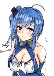 ahoge azur_lane bare_shoulders blue_hair blush breasts chushou_wang cleavage closed_mouth clothes_pull detached_sleeves dress gloves hair_ornament highres large_breasts looking_at_viewer ponytail purple_eyes smile st._louis_(azur_lane) sweat