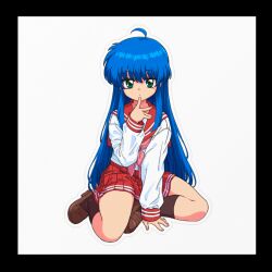 1girl ahoge blue_hair blush brown_shoes brown_socks faux_retro_artstyle green_eyes haaam hand_up izumi_konata kneehighs loafers long_hair long_sleeves lucky_star mole mole_under_eye multiple_girls neckerchief pink_neckerchief purple_hair red_sailor_collar red_skirt ryouou_school_uniform sailor_collar school_uniform serafuku shoes simple_background sitting skirt socks solo thighs very_long_hair white_background