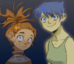 Rule 34 | 2girls, anxiety (inside out 2), aqua eyes, bare shoulders, blue background, blue eyes, blue hair, breasts, closed mouth, collarbone, colored skin, commentary, crazy eyes, crazy smile, dress, english commentary, freckles, green dress, grey sweater, high ponytail, inside out, inside out 2, joy (inside out), kugai697139, long hair, looking at viewer, medium breasts, messy hair, multiple girls, orange hair, orange skin, ponytail, short hair, simple background, sleeveless, sleeveless dress, smile, striped clothes, striped sweater, sweater, turtleneck, turtleneck sweater, upper body, very short hair, yellow skin
