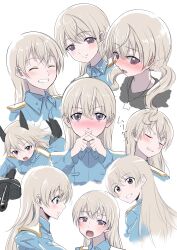 1girl absurdres alternate_costume animal_ears back blue_jacket blush closed_eyes eila_ilmatar_juutilainen fox_ears fox_girl fox_tail grey_hair gun highres holding holding_gun holding_weapon jacket kumi_cure long_hair looking_at_viewer looking_back machine_gun mg42 military military_uniform profile simple_background smile strike_witches tail twintails weapon white_background world_witches_series x_fingers