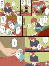1boy bed bed_sheet belt black_pants black_shirt commentary covering_with_blanket creature cropped_shirt english_commentary feet_out_of_frame green_eyes hand_on_another&#039;s_head highres indoors looking_at_another luke_fon_fabre luke_shikakatan lying midriff mieu_(tales) navel nose_bubble notice_lines on_back on_bed pants pillow red_hair shirt short_hair short_sleeves sitting sleep_talking sleeping speech_bubble sweatdrop tales_of_(series) tales_of_the_abyss translation_request