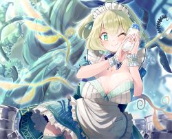 1girl ;) apron blonde_hair blue_eyes blush bottle breasts cell_(card_game) cleavage female_focus garter_straps hands_up holding holding_bottle large_breasts looking_at_viewer maid_apron maid_headdress milk_bottle naka_akira one_eye_closed original personification plant pocket rhizobium_(cell) smile solo thighhighs wrist_cuffs