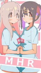 2girls ahoge asymmetrical_docking bambi2000line black_hair blush breast_press breasts brown_eyes clothes_writing colored_inner_hair commentary grey_hair hair_between_eyes hair_ornament hair_ribbon hairclip highres holding_hands interlocked_fingers long_hair looking_at_viewer matching_outfits medium_breasts multicolored_hair multiple_girls onii-chan_wa_oshimai! oversized_clothes oversized_shirt oyama_mahiro oyama_mihari pink_hair purple_hair red_ribbon ribbon shirt short_sleeves siblings simple_background sisters small_breasts twintails two-tone_hair white_shirt