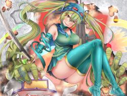 1girl absurdly_long_hair absurdres aqua_boots aqua_skirt arm_wrap ass assault_rifle bandaged_neck bandages blue_hair blue_headwear blush boots breasts broken_goggles bullet_hole bullpup cleavage commentary_request commission crossover dual_wielding explosion fourth_wall full_body goggles goggles_on_head green_eyes green_hair green_vest gun hair_between_eyes hair_ornament hair_through_headwear hank_miku hatsune_miku head_tilt highres holding holding_gun holding_sword holding_weapon katana knees_up l85 large_breasts long_hair looking_at_viewer madness_combat mag_agent_v4 manatu_kato midair multicolored_hair orange_hair original pleated_skirt prehensile_hair purple_hair red-tinted_eyewear red_hair red_pupils rifle sharp_teeth shell_casing sitting skirt smile smoke solo_focus streaked_hair sweat sword teeth thigh_boots tinted_eyewear twintails upper_teeth_only very_long_hair vest vocaloid weapon yellow-tinted_eyewear zipper