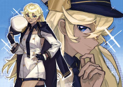 Rule 34 | 1girl, absurdres, azur lane, black coat, black gloves, black neckerchief, black thighhighs, blonde hair, blue background, blue eyes, closed mouth, coat, coat on shoulders, commentary request, crossed bangs, dark-skinned female, dark skin, dress, fingerless gloves, gloves, hair between eyes, hand on own hip, hat, highres, holding, holding unworn clothes, holding unworn hat, long hair, long sleeves, looking at viewer, multiple views, neckerchief, necktie, open mouth, pan (user zdvk2337), solo, sparkle, tennessee (azur lane), thighhighs, unworn hat, unworn headwear, very long hair, white dress, white hat