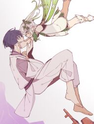 1boy 1girl alternate_universe anklet armlet armor barefoot black_eyes black_sash blunt_ends bright_pupils brown_sandals cape closed_mouth clothing_cutout cross-shaped_pupils crying crying_with_eyes_open detached_sleeves dress eye_contact eyelashes eyeliner eyeshadow face-to-face falling fingernails genshin_impact geta gold gold_trim green_cape green_eyes green_hair green_sleeves hands_on_another&#039;s_face highres japanese_armor japanese_clothes jewelry kariginu kimono kote kurokote layered_sleeves long_hair long_sleeves looking_at_another makeup multicolored_hair nahida_(genshin_impact) open_hand outstretched_arms pants pelvic_curtain pizakureya73 pointy_ears profile purple_hair purple_kimono purple_sash purple_sleeves purple_veil red_eyeliner red_eyeshadow sandals sash scaramouche_(genshin_impact) scaramouche_(kabukimono)_(genshin_impact) shoes shoulder_cutout side_cutout side_ponytail sidelocks sideways_mouth smile socks stirrup_footwear streaked_hair symbol-shaped_pupils tears unworn_shoes unworn_veil veil white_background white_dress white_hair white_pants white_pupils white_sleeves white_socks wide_sleeves