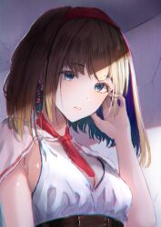 1girl absurdres alice_margatroid alternate_costume blonde_hair blue_eyes breasts cleavage commentary crying crying_with_eyes_open dress earrings english_commentary hairband highres jewelry light_blush looking_at_viewer mixed-language_commentary red_hairband rei_(farta_litia) solo tears touhou white_dress