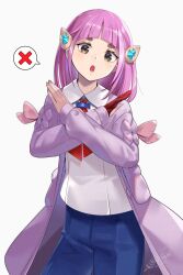 1girl :o arched_bangs blue_pants brown_eyes cardigan collared_shirt commentary_request cowboy_shot dated eyelashes hair_ornament hairclip highres kenko_(a143016) lacey_(pokemon) long_hair looking_at_viewer nintendo open_mouth pants pink_hair pokemon pokemon_sv purple_cardigan shirt signature simple_background solo spoken_x white_background white_shirt x_arms