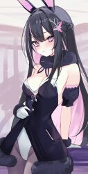 1girl absurdres animal_ears azki_(hololive) bare_shoulders black_hair blush braid breasts closed_mouth coat_dress colored_inner_hair commentary cosplay detached_sleeves dot_nose dress fur-trimmed_gloves fur_scarf fur_trim gloves grey_pantyhose hair_between_eyes hair_intakes hair_ornament half_up_braid highres hololive kemonomimi_mode leotard long_hair looking_at_viewer medium_breasts mole mole_under_eye multicolored_hair pantyhose pink_hair playboy_bunny purple_eyes rabbit_ears rifufu simple_background smile solo usada_pekora usada_pekora_(cosplay) virtual_youtuber white_gloves white_hair white_leotard