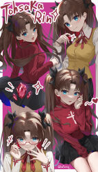 Rule 34 | 1girl, absurdres, black bow, black hair, black skirt, blue eyes, border, bow, brown vest, character name, closed mouth, commentary request, cross, cross print, fate/stay night, fate (series), fingernails, glasses, hair bow, highres, hofuuuuuunny, homurabara academy school uniform, long hair, long sleeves, looking at viewer, neck ribbon, open mouth, outside border, parted bangs, purple background, red-framed eyewear, red ribbon, red sweater, ribbon, school uniform, shirt, simple background, skirt, smile, sweater, tohsaka rin, turtleneck, turtleneck sweater, twitter username, two side up, vest, white border, white shirt