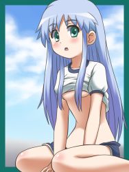1girl awa blouse blue_hair blue_shorts blue_sky blush breasts clothes_lift cloud collarbone framed green_eyes gym_shirt gym_shorts gym_uniform index_(toaru_majutsu_no_index) loli long_hair looking_at_viewer midriff midriff_peek open_mouth shirt shirt_lift short_sleeves shorts sitting sky toaru_kagaku_no_railgun toaru_majutsu_no_index wariza white_shirt