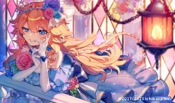 1girl against_railing blue_eyes braid copyright_notice dress flower gloves grin hair_between_eyes hair_flower hair_ornament lamp leaning_forward long_hair looking_at_viewer mebaru nijisanji off_shoulder orange_hair otogibara_era parted_lips puffy_sleeves purple_dress railing smile solo virtual_youtuber white_gloves wind window