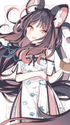 1girl :d animal_ear_fluff animal_ears bamboo_steamer steamed_bun bare_shoulders black_hair black_ribbon blush breasts brown_eyes brown_hair cat_ears cat_girl cat_tail china_dress chinese_clothes commentary_request daidai_ookami dress food hand_up head_tilt highres holding long_hair meandros_border multicolored_hair open_mouth original paw_print print_dress ribbon small_breasts smile solo tail two-tone_hair very_long_hair white_background
