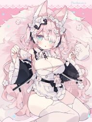 Rule 34 | 1girl, :o, ahoge, animal ear fluff, animal ears, apron, bare shoulders, black bow, black sleeves, blue eyes, blunt bangs, blush, bow, breasts, cleavage, commentary, commission, cup, detached collar, detached sleeves, feet out of frame, fox ears, fox girl, frilled apron, frilled sleeves, frills, hair bow, hair over one eye, hashtag-only commentary, highres, hisuiyasai, holding, holding cup, holding teapot, large breasts, long hair, long sleeves, looking at viewer, open mouth, original, parted bangs, pink hair, sitting, skeb commission, solo, teacup, teapot, thighhighs, waist apron, watermark, white apron, white thighhighs, wide sleeves