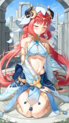 1girl absurdres bare_shoulders blue_dress blunt_bangs blush closed_eyes detached_sleeves dress fake_horns genshin_impact highres horns light_smile long_hair nilou_(genshin_impact) osom9525 red_hair seiza sitting solo stomach twintails