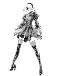 Rule 34 | 1girl, 2b (nier:automata), black blindfold, black boots, black dress, black gloves, black hairband, blindfold, boots, breasts, cleavage, cleavage cutout, clothing cutout, dress, feather trim, full body, gloves, grey thighhighs, greyscale, hairband, high heel boots, high heels, highres, juliet sleeves, leslie hung, long sleeves, medium breasts, monochrome, nier:automata, nier (series), parted lips, puffy sleeves, short hair, solo, standing, thigh boots, thighhighs, white background, white hair