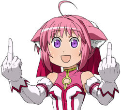 1girl :d ahoge animal_ear_fluff animal_ears bad_source bare_shoulders commentary_request covered_collarbone detached_sleeves dog_days dog_ears double_middle_finger false_smile gloves long_sleeves looking_at_viewer lowres maso_(ascii_art) middle_finger millhiore_f._biscotti open_mouth pink_hair purple_eyes short_hair simple_background smile solo upper_body white_background white_gloves white_sleeves