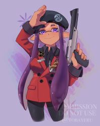 Rule 34 | 1girl, beret, black hat, black pants, black shirt, breasts, buttons, closed mouth, coat, collared shirt, commentary, commission, dark-skinned female, dark skin, eyebrow cut, gun, hat, highres, holding, holding gun, holding weapon, inkling, inkling girl, inkling player character, large breasts, long hair, looking at viewer, n-zap (splatoon), nintendo, pants, pointy ears, purple background, purple eyes, purple hair, red coat, salute, shirt, smile, solo, splatoon (series), splatoon 3, standing, symbol-only commentary, tentacle hair, tobayeru, very long hair, watermark, weapon