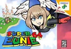 1girl absurdres black_bodysuit blue_eyes bodysuit boo_(mario) box_art breasts brown_hair castle cleavage cloud cloudy_sky commentary eunie_(xenoblade) field flag flower flying ghost goomba grass hair_between_eyes head_wings highres hill large_breasts logo mario_(series) medium_hair nintendo outstretched_arms parody patreon_username planet princess_peach&#039;s_castle sky smile super_mario_64 swept_bangs teeth videajames water window wings xenoblade_chronicles_(series) xenoblade_chronicles_3