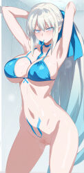 1girl bathroom bikini blue_bikini blue_eyes blush bottomless bow braid breasts cleft_of_venus closed_mouth collarbone fate/grand_order fate_(series) grey_hair hair_bow half_up_braid highres large_breasts long_hair looking_at_viewer morgan_le_fay_(fate) nude ponytail pussy showering sidelocks solo stomach_tattoo sweat swimsuit tattoo thighs uncensored very_long_hair water yostxxx