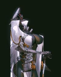 1girl absurdres ass belt_pouch black_background black_bodysuit bodysuit breasts coat covered_erect_nipples covered_navel cowboy_shot hand_on_hilt high_collar highres joints juerucj large_breasts looking_up mechabare original pouch prosthesis prosthetic_arm robot_joints science_fiction skin_tight solo white_coat