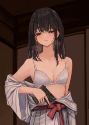 Rule 34 | 1girl, absurdres, black eyes, black hair, blush, bra, breasts, breath, cleavage, glock, gun, handgun, highres, holding, holding gun, holding weapon, indoors, japanese clothes, kimono, kimono pull, lace, lace-trimmed bra, lace trim, lithographica, medium breasts, medium hair, original, parted lips, solo, sweatdrop, underwear, weapon, white bra, white kimono