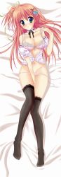 Rule 34 | 10s, 1girl, absurdres, bad id, bad pixiv id, between thighs, black thighhighs, blush, bra, breasts, choker, cleavage, female focus, green eyes, hair ornament, hair ribbon, heart, heart hair ornament, highres, hoshizora e kakaru hashi, lace, lace-trimmed bra, lace trim, lingerie, lying, nakatsugawa ui, orange hair, panties, panty pull, pink bra, pink panties, qiuzhi huiyi, ribbon, side-tie panties, solo, thighhighs, thighs, underwear, untied panties