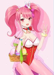 1girl basket breasts cleavage easter_egg egg fire_emblem fire_emblem_echoes:_shadows_of_valentia fire_emblem_heroes hair_ornament hair_ribbon highres holding holding_basket jewelry large_breasts leotard lilshironeko looking_at_viewer mae_(fire_emblem) mae_(spring)_(fire_emblem) nintendo official_alternate_costume open_mouth pantyhose pink_hair pink_pantyhose pink_ribbon playboy_bunny red_eyes ribbon smile solo twintails v