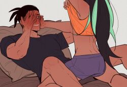 1boy 1girl 3737_37 aqua_hair black_hair black_shirt blush commentary_request covering_own_eyes dark-skinned_female dark-skinned_male dark_skin korean_commentary lifting_own_clothes long_hair nessa_(pokemon) nintendo orange_shirt pokemon pokemon_swsh raihan_(pokemon) shirt short_hair shorts sweatdrop t-shirt