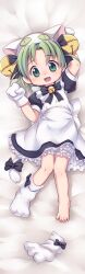 1girl animal_hat apron back_bow bed_sheet bell black_bow black_bowtie black_dress bloomers bow bowtie cat_girl cat_hat cat_tail clenched_hands commentary_request commission dakimakura_(medium) dejiko di_gi_charat dress flat_chest full_body green_eyes green_hair hair_bell hair_bow hair_ornament hands_up hat highres jingle_bell looking_at_viewer lying medium_hair mittens neck_bell on_back open_mouth parted_bangs paw_shoes petticoat puffy_short_sleeves puffy_sleeves shoes short_sleeves single_bare_foot single_shoe skeb_commission smile solo tail tail_bow tail_ornament two_side_up ueno_musashi underwear unworn_shoes white_apron white_bloomers white_bow white_hat white_mittens white_shoes