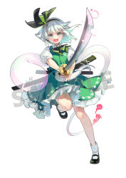 1girl :d black_hairband black_ribbon black_shoes bow bowtie collared_shirt full_body green_bow green_bowtie green_skirt green_vest grey_eyes grey_hair hair_ribbon hairband holding holding_sword holding_weapon katana konpaku_youmu konpaku_youmu_(ghost) mary_janes official_art open_mouth petticoat puffy_short_sleeves puffy_sleeves ribbon sample_watermark scabbard sheath shirt shoes short_hair short_sleeves skirt skirt_set smile socks solo standing standing_on_one_leg sword syuri22 touhou vest watermark weapon white_background white_shirt white_socks