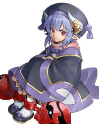 Rule 34 | character request, cuffs, full body, gender request, hajimaru, highres, horns, light smile, long hair, looking at viewer, on ground, pointy ears, purple hair, red eyes, shackles, shinrabanshou, solo, white background